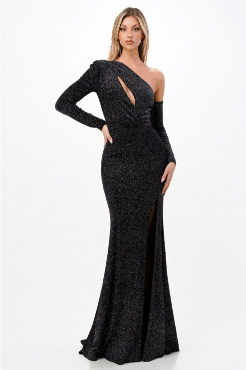 Lovely Long Sleeve One Shoulder Velvet Gown