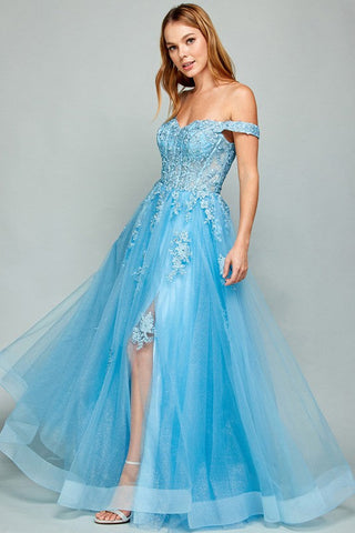 Sweetheart Blue Off Shoulder A Line Prom Dress