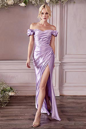 Elegant Ruched Gold Satin Off Shoulder Gown