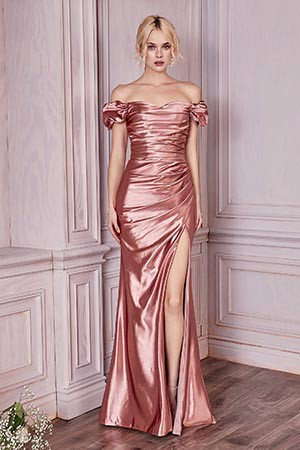 Elegant Lavender Purple Ruched Metallic Satin Off Shoulder Gown