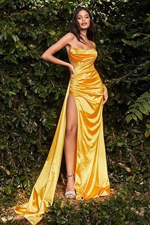 Golden Yellow Satin Strapless Ruched Strapless High Slit Maxi Dress