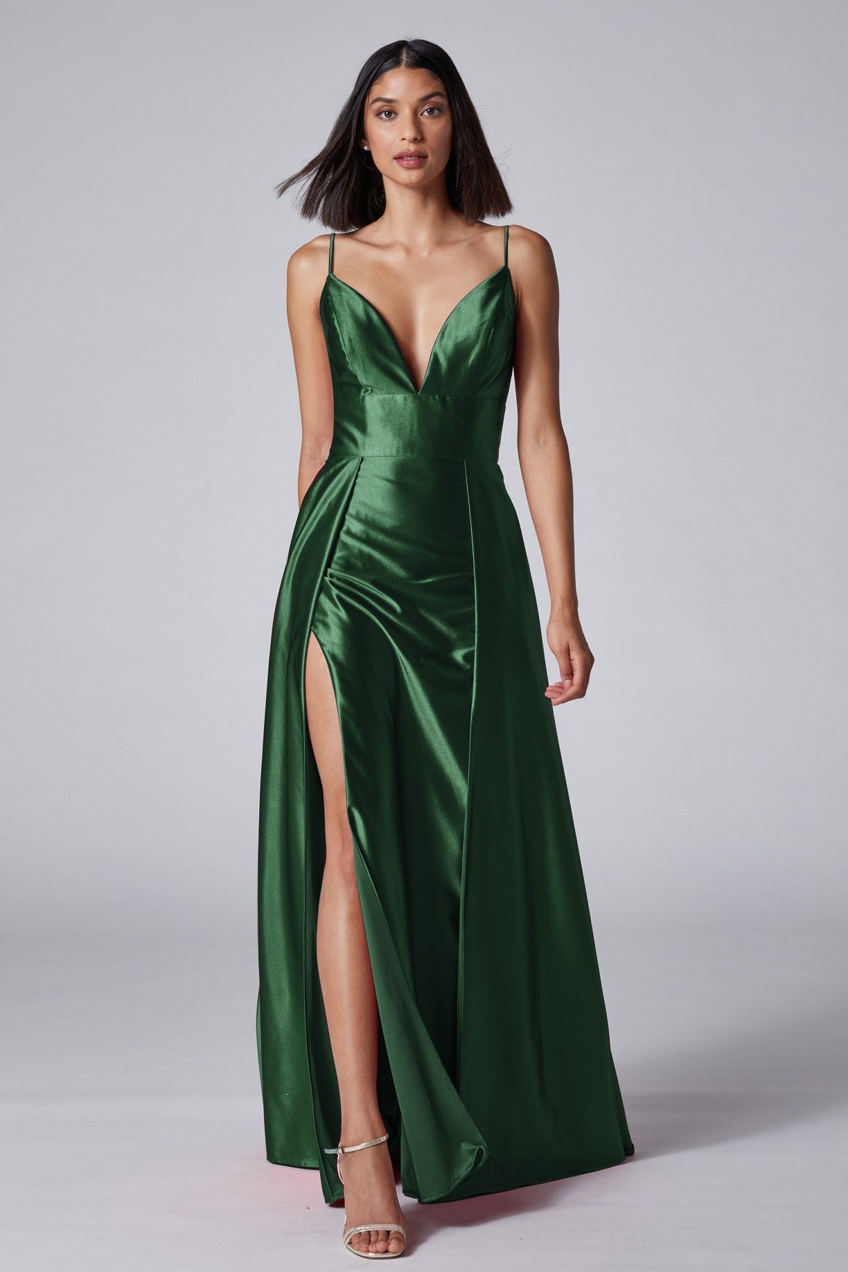 Satin Green Sleeveless Open Back High Slit Maxi Dress