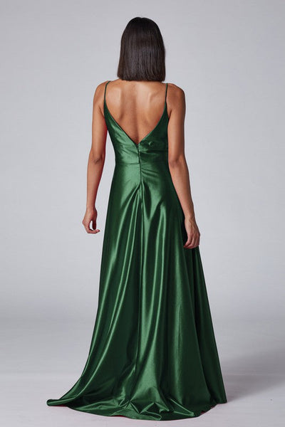 Satin Green Sleeveless Open Back High Slit Maxi Dress