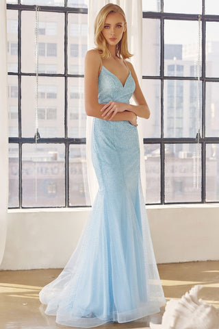 Ice Blue Glitter Overlay Trumpet Dress