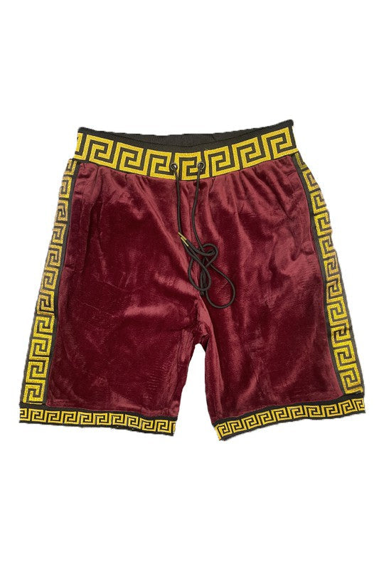 Men's Burgundy-Gold Status Print Velour Shorts Suede Shorts