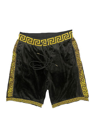 Men's Black-Gold Status Print Velour Shorts Suede Shorts