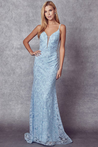 Ice Blue Lace Jewel Detail Fitted Trumpet Dress