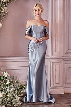 Satin Goddess Off Shoulder Coral Sweetheart Maxi Gown