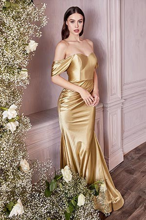 Satin Goddess Off Shoulder Coral Sweetheart Maxi Gown