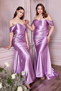 Satin Goddess Off Shoulder Lilac Sweetheart Maxi Gown