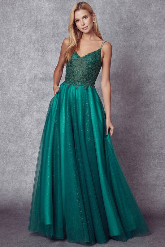 Dreamy Emerald Satin Tulle Embellished Lace Up Gown