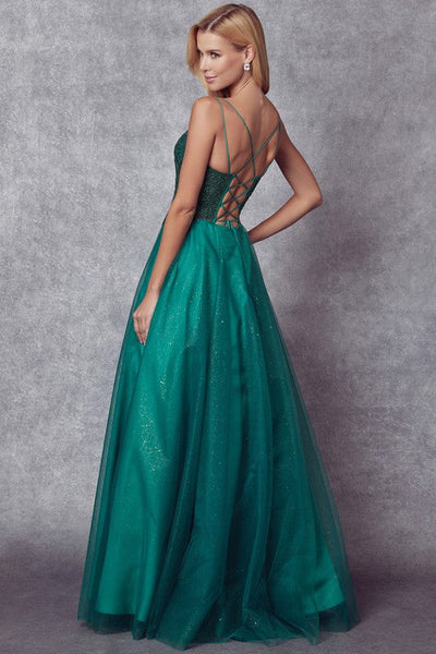 Dreamy Emerald Satin Tulle Embellished Lace Up Gown