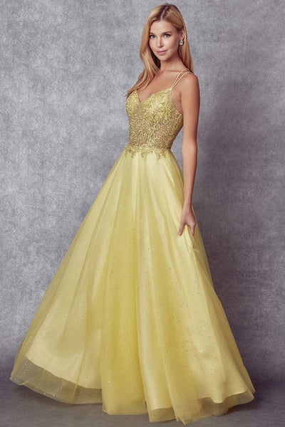 Dreamy Yellow Satin Tulle Embellished Lace Up Gown