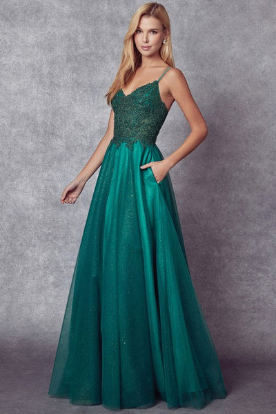 Dreamy Emerald Satin Tulle Embellished Lace Up Gown