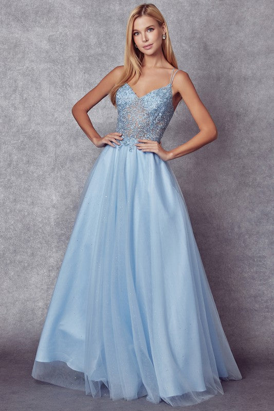 Dreamy Ice Blue Satin Tulle Embellished Lace Up Gown