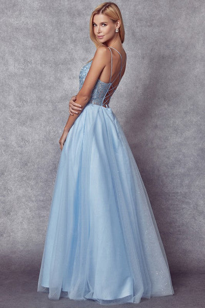 Dreamy Ice Blue Satin Tulle Embellished Lace Up Gown