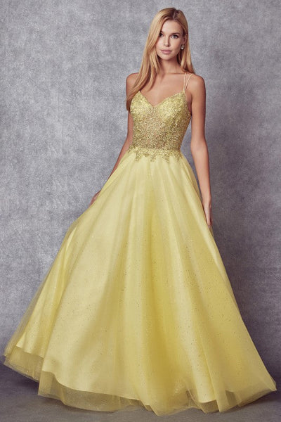 Dreamy Yellow Satin Tulle Embellished Lace Up Gown