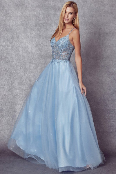 Dreamy Ice Blue Satin Tulle Embellished Lace Up Gown