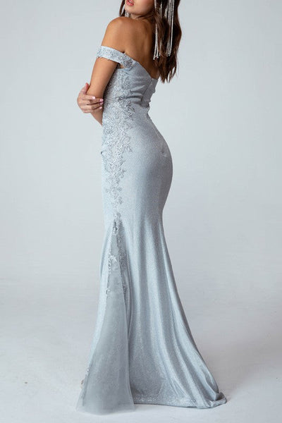 Sweetheart Neckline Silver Lace Tulle Side Off Shoulder Gown