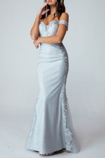 Sweetheart Neckline Silver Lace Tulle Side Off Shoulder Gown