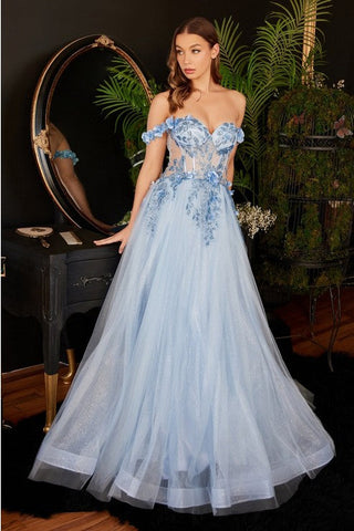 Light Blue Floral Applique Sweetheart Lace Tulle Chiffon Embroidered Gown