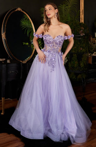 Lavender Floral Applique Sweetheart Lace Tulle Chiffon Embroidered Gown