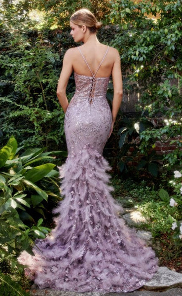 Feathered Goddess Lilac Purple Sleeveless Sequined Mesh Embroidered Gown