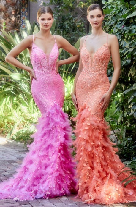 Feathered Goddess Coral Orange Sleeveless Sequined Mesh Embroidered Gown