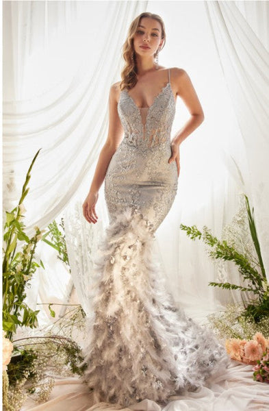 Feathered Goddess Champagne Gold Sleeveless Sequined Mesh Embroidered Gown