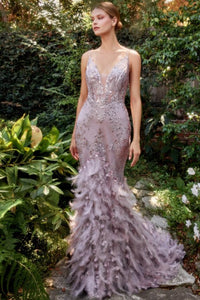 Feathered Goddess Lilac Purple Sleeveless Sequined Mesh Embroidered Gown