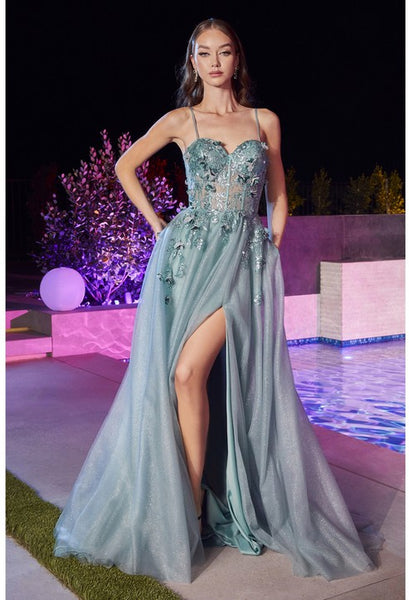 Sea Mist Blue Sequin Embroidered Lace Tulle Gown