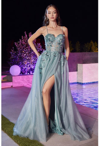 Sea Mist Blue Sequin Embroidered Lace Tulle Gown