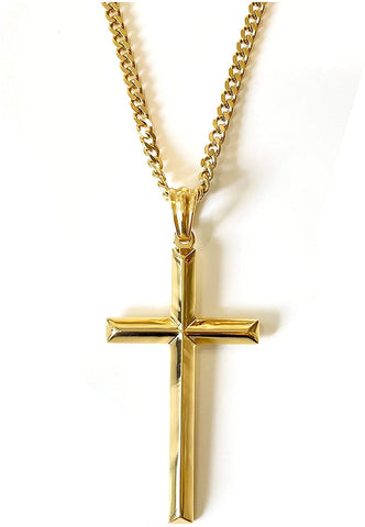 18K Gold Chain Style 22'' Cuban Link Diamond Cut Religious Beveled Edge