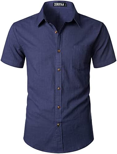 Men's Navy Blue Linen Button Up Short Sleeve Shirt