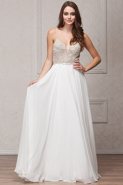 Crystal Beaded Off White Deep V-Neck Sleeveless Chiffon Gown