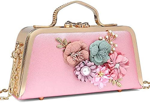 Beautiful Floral Embellished Pink/Gold Cocktail Evening Clutch Purse