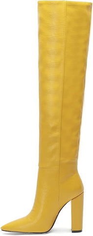 Vintage Yellow Leather Pointed Toe Knee High Boots