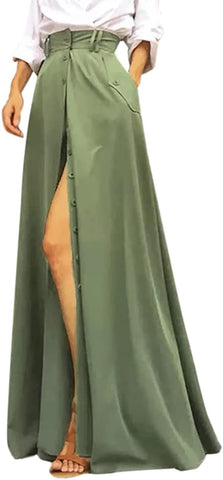 High Waist Olive Green Maxi Skirt w/Slit