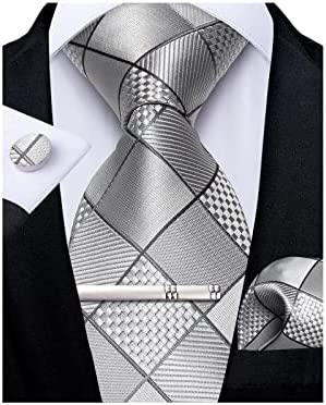 Men's High Quality Jacquard Silk Silver Diamond Cufflink Tie Clip Set