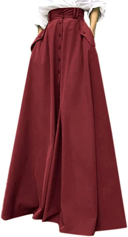 High Waist Burgundy Red Maxi Skirt w/Slit