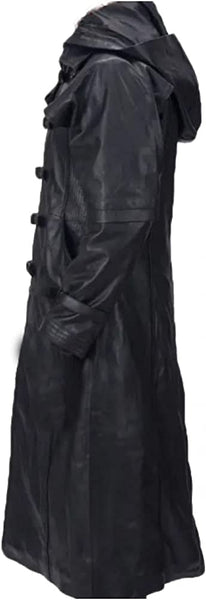 Men's Black Leather Steampunk Matrix Long Coat with Hood