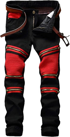 Men's Black-Red Ripped Moto Biker Jeans