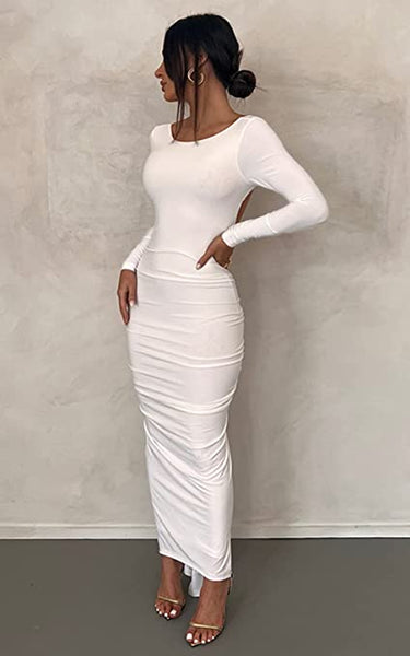 Parisian White Long Sleeve Ruched Backless Maxi Dress