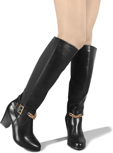 Chunky Heel Black Pointed Toe Women's Knee High Boots