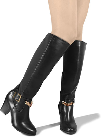 Chunky Heel Black Pointed Toe Women's Knee High Boots