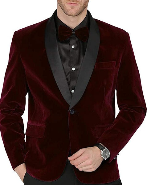 Men's Shawl Lapel Red Velvet One Button Blazer Suit