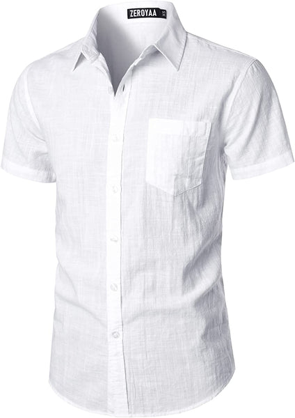 Men's Beige Linen Button Up Short Sleeve Shirt