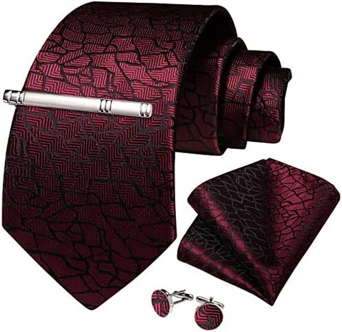 Men's High Quality Jacquard Silk Burgundy Cufflink Tie Clip Set