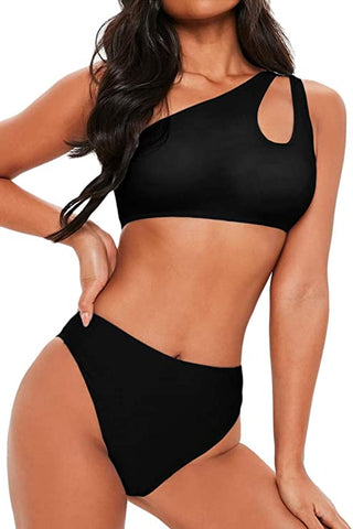 Black One Shoulder Cut Out 2pc Bikini Swimsuit