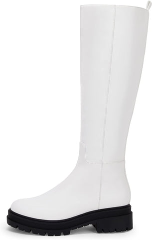 Knee High Platform White Chunky Block Heel Riding Boots